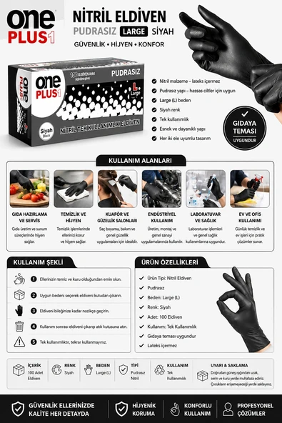 One Plus Nitril Eldiven Pudrasız Larc Siyah 100'lü Paket ürün görseli 1