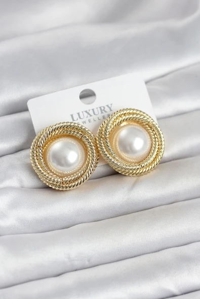 Pirinç Gold Renk Sarmal Model İncili Kadın Küpe TJ-BKP11778 ürün görseli 1