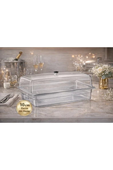 İstanbul Horeca Polikarbon GN 1/1 Fanus Kapaklı Derin Servis Küveti 32.5x53 cm | 10 cm Alt Hazne ürün görseli 1