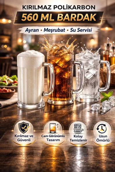 İstanbul Horeca Polikarbon Kırılmaz 6 Adet 560 ml Kulplu Bardak Ayran Bardağı Meşrubat ve Su İçin Uygun ürün görseli 1