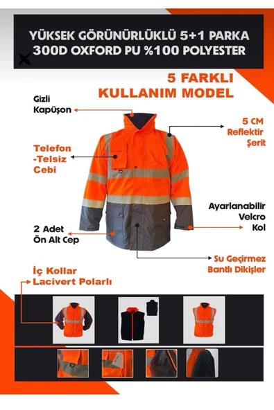 MaySafe Yerli 5+1 Reflektörlü Kışlık Mont Parka İçi Çıkmalı Yerli Kaban İşçi Montu Mühendis Montu ürün görseli 1