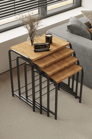 home plus mobilya Defne 4' Lü Zigon Sehpa Siyah Ayak Atlantik Çam 18 MM MDF ürün görseli 1