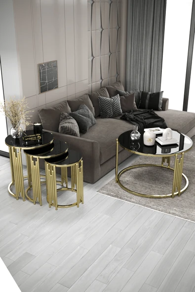 home plus mobilya Piyano Set Gold Siyah Orta Sehpa Zigon Sehpa Takımı ürün görseli 1