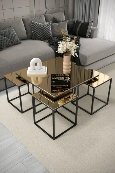 home plus mobilya Saipan 5'li Siyah İskelet Bronz Aynalı Orta Sehpa & Zigon Sehpa & Yan Sehpa & Bohem Sehpa Takımı ürün görseli 1