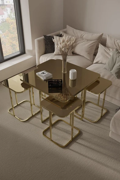 home plus mobilya 5'li Radüslü Gold Kaplama Bronz Aynalı Orta Sehpa & Zigon Sehpa & Yan Sehpa & Bohem Sehpa Takımı ürün görseli 1