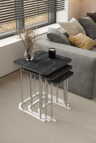 home plus mobilya 3' Lü Kare Zigon Sehpa Gümüş Ayak Siyah Mermer 18 mm Mdf ürün görseli 1