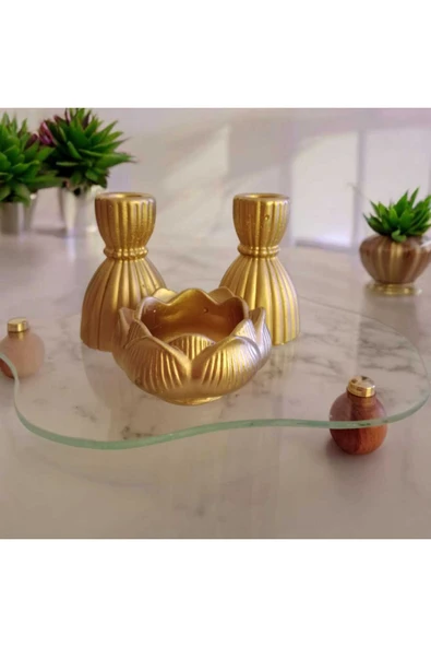lambader Minimal Dekoratif Şamdan Mumluk Gold ürün görseli 1