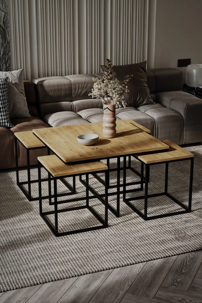 home plus mobilya Nairobi 5'li Siyah İskelet Barok Sunta Orta Sehpa & Zigon Sehpa & Yan Sehpa & Bohem Sehpa Takımı ürün görseli 1