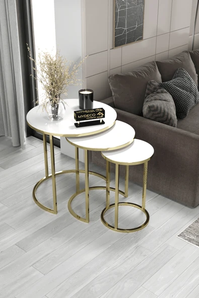 home plus mobilya 3'lü & Bohem Sehpa & Zigon Sehpa & Orta Sehpa & Modern Sehpa Takımı & Gold Ayak Beyaz Ayna ürün görseli 1