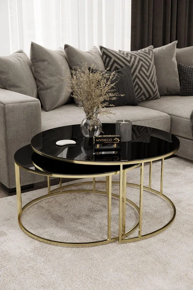 MYDECO Yavrulu 1+1 Orta Sehpa Gold Kaplama Siyah Ayna ürün görseli 1