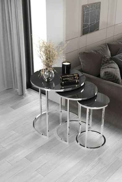 home plus mobilya 3'lü Gümüş Ayak Füme Ayna & Bohem Sehpa & Zigon Sehpa & Orta Sehpa & Modern Sehpa Takımı ürün görseli 1