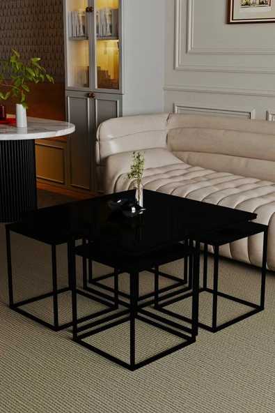 home plus mobilya Bissau 5'li Siyah İskelet Siyah Mat Mdf Orta Sehpa & Zigon Sehpa & Yan Sehpa & Bohem Sehpa Takımı ürün görseli 1