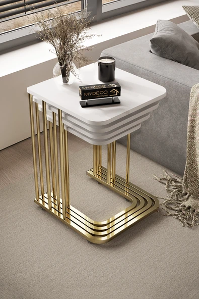 home plus mobilya 4'lü Tekerlekli Zigon Sehpa Gold Ayak Beyaz 18 Mm Mdf ürün görseli 1
