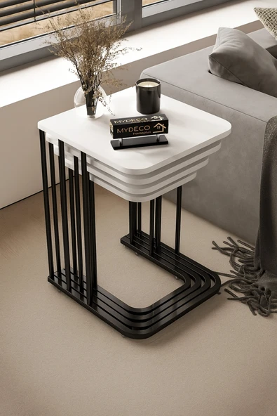 home plus mobilya 4'lü Tekerlekli Zigon Sehpa Siyah Ayak Beyaz 18 mm Mdf ürün görseli 1