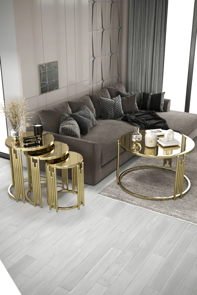 home plus mobilya Piyano Set Gold Bronz Ayna Camlı Orta Sehpa Zigon Sehpa Takımı ürün görseli 1