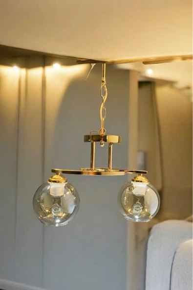 ayışığı Modern Tasarım Gold Metal Gövde 2 Li Bal Camlı Avize ürün görseli 1