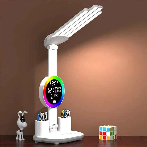 Monozone RGB Şarjlı LED Masa Lambası Fanlı 4Başlı Lamba RGB Saat Ekranlı Kısılabilir Çalışma Lambası ürün görseli 1