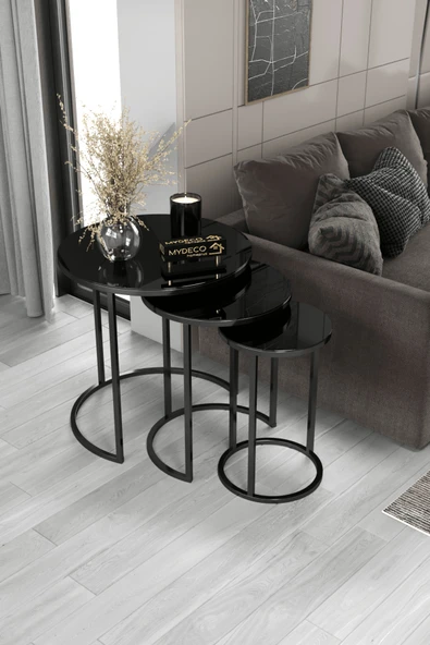 home plus mobilya 3'lü & Bohem Sehpa & Zigon Sehpa & Orta Sehpa & Modern Sehpa Takımı & Siyah Ayak Siyah Ayna ürün görseli 1