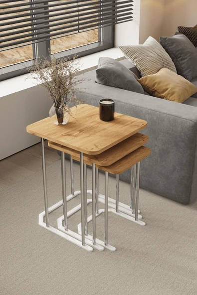 home plus mobilya 3' Lü Kare Zigon Sehpa Gümüş Ayak Atlantik Çam 18 mm Mdf ürün görseli 1