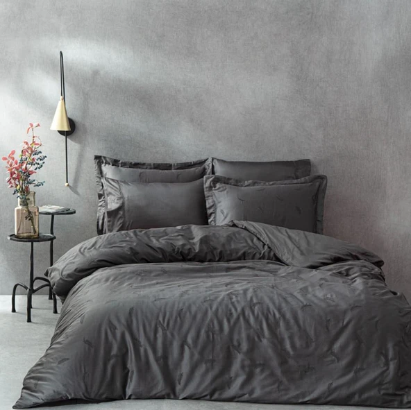 Ecocotton Güz Çift Kişilik Nevresim Takımı %100 Organik Pamuk Saten Brodeli Antrasit CK ürün görseli 1
