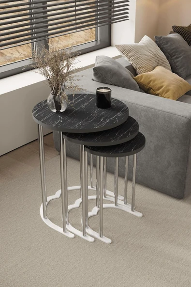 home plus mobilya 3' Lü Zigon Sehpa Gümüş Ayak Siyah Mermer 18 mm Mdf ürün görseli 1