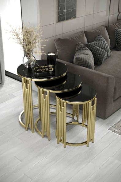 home plus mobilya Posedion Piyano 3'Lü Gold Siyah Zigon Sehpa Takımı ürün görseli 1