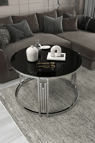 home plus mobilya Piyano Gümüş Siyah Tekli Orta Sehpa Takımı ürün görseli 1