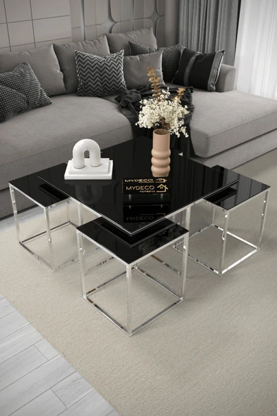 home plus mobilya Roma 5'li Gümüş Kaplama Siyah Aynalı Orta Sehpa & Zigon Sehpa & Yan Sehpa & Bohem Sehpa Takımı ürün görseli 1