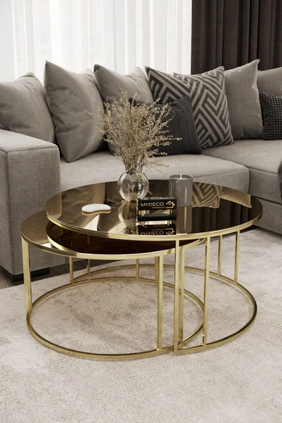 MYDECO Yavrulu 1+1 Orta Sehpa Gold Kaplama Bronz Ayna ürün görseli 1