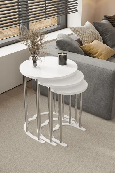 home plus mobilya 3' Lü Zigon Sehpa Gümüş Ayak Beyaz 18 mm Mdf ürün görseli 1