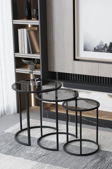 home plus mobilya 3'lü & Bohem Sehpa & Zigon Sehpa & Orta Sehpa & Modern Sehpa Takımı & Siyah Ayak Şeffaf Füme Cam ürün görseli 1