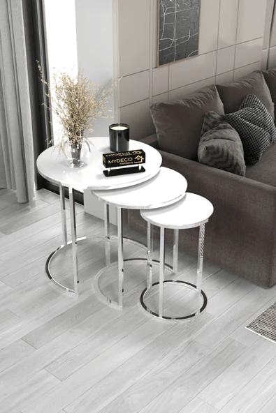 home plus mobilya 3'lü & Bohem Sehpa & Zigon Sehpa & Orta Sehpa & Modern Sehpa Takımı & Gümüş Ayak Beyaz Ayna ürün görseli 1