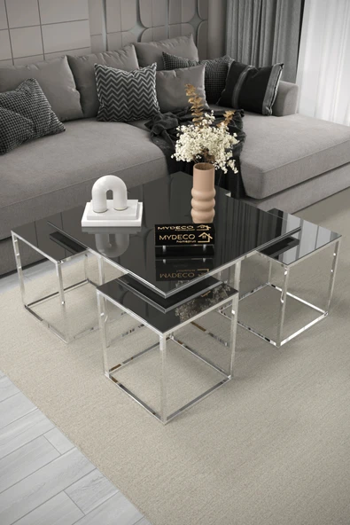 home plus mobilya Milan 5'li Gümüş Kaplama Füme Aynalı Orta Sehpa & Zigon Sehpa & Yan Sehpa & Bohem Sehpa Takımı ürün görseli 1