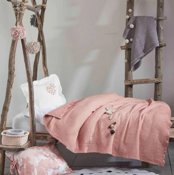 Ecocotton Berin Bebek Yatak Örtüsü %100 Organik Pamuk Müslin El Nakışlı Pudra TK ürün görseli 1