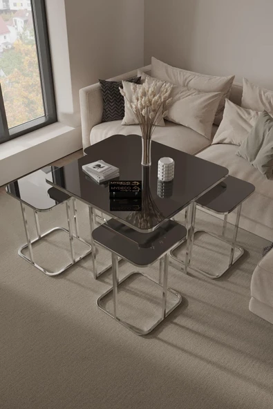 home plus mobilya 5'li Radüslü Gümüş Kaplama Füme Aynalı Orta Sehpa & Zigon Sehpa & Yan Sehpa & Bohem Sehpa Takımı ürün görseli 1