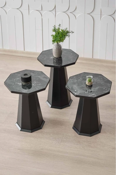MYDECO 3' LÜ BOHEM SEHPA & MANTAR SEHPA & ZİGON SEHPA ELEGANCE MODEL & SİYAH - SİYAH MERMER DESEN SUNTA ürün görseli 1