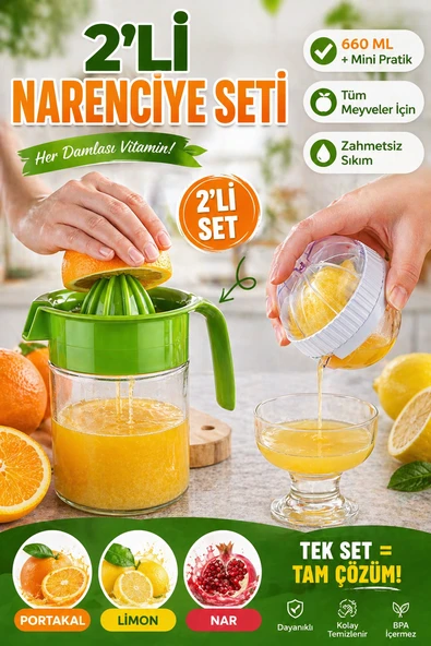 2'li Narenciye Sıkacağı Seti 660 ml Cam Hazneli + Mini Limon Sıkacağı Pratik Meyve Sıkacak ürün görseli 1