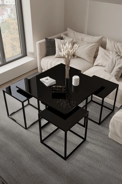 home plus mobilya Asmara 5'li Siyah İskelet Siyah Ayna Orta Sehpa & Zigon Sehpa & Yan Sehpa & Bohem Sehpa Takımı ürün görseli 1