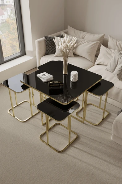 home plus mobilya 5'li Radüslü Gold Kaplama Siyah Aynalı Orta Sehpa & Zigon Sehpa & Yan Sehpa & Bohem Sehpa Takımı ürün görseli 1
