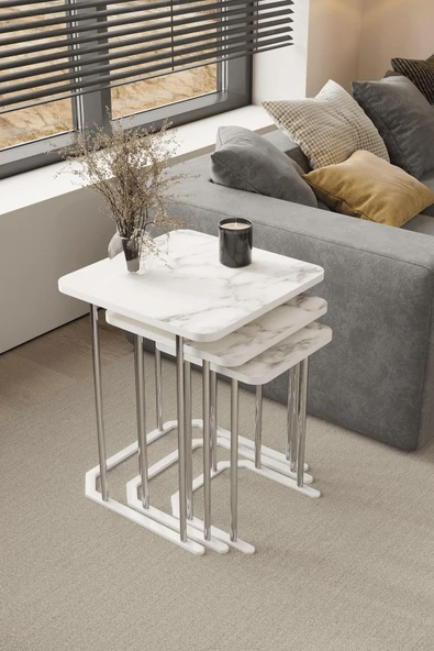 home plus mobilya 3' Lü Kare Zigon Sehpa Gümüş Ayak Beyaz Mermer Desen 18 mm Mdf ürün görseli 1