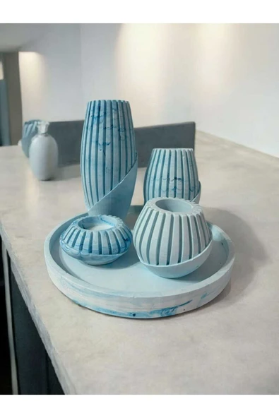 lambader Dekoratif Modern Desenli Vazo 5'Li Seti Ebruli Mavi ürün görseli 1