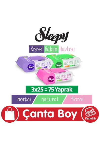 Sleepy Natural + Floral + Herbal Kişisel Bakım Havlusu Çanta Boy 3x25 (75 Yaprak) ürün görseli 1
