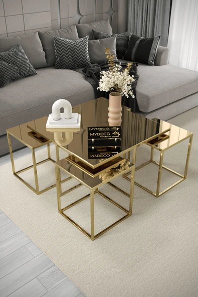 home plus mobilya Lizbon 5'li Gold Kaplama Bronz Aynalı Orta Sehpa & Zigon Sehpa & Yan Sehpa & Bohem Sehpa Takımı ürün görseli 1