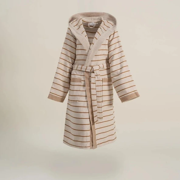 Ecocotton Arden Kadın Bornoz %100 Organik Pamuk Kenevir Karışımlı Bornoz Çizgili Hardal M ürün görseli 1