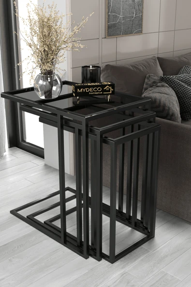 home plus mobilya Napoli Siyah Şeffaf Füme Cam 3'lü & Bohem Sehpa & Zigon Sehpa & Orta Sehpa & Modern Sehpa Takımı ürün görseli 1