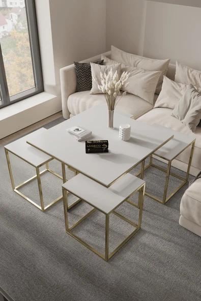 home plus mobilya Viyana 5'li Gold Beyaz 12 Mm Parlak Mdf Orta Sehpa & Zigon Sehpa & Yan Sehpa & Bohem Sehpa Takımı ürün görseli 1