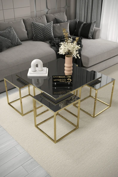 home plus mobilya Alberta 5'li Gold Kaplama Füme Aynalı Orta Sehpa & Zigon Sehpa & Yan Sehpa & Bohem Sehpa Takımı ürün görseli 1