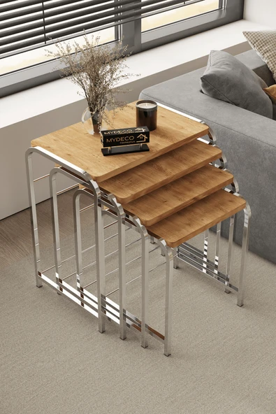 home plus mobilya Defne 4 Lü Gümüş Atlantik Çam & Bohem Sehpa & Zigon Sehpa & Orta Sehpa & Modern Sehpa Takımı ürün görseli 1