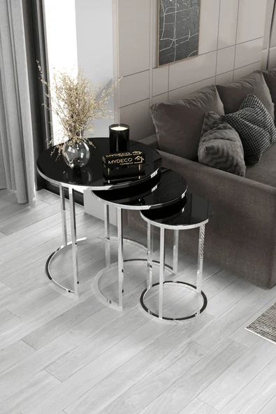 home plus mobilya 3'lü Gümüş Ayak Siyah Ayna & Bohem Sehpa & Zigon Sehpa & Orta Sehpa & Modern Sehpa Takımı & ürün görseli 1