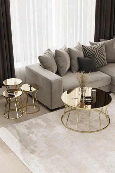 MYDECO Kum Saati Orta Sehpa & Zigon Sehpa Set Gold Kaplama Bronz Ayna ürün görseli 1